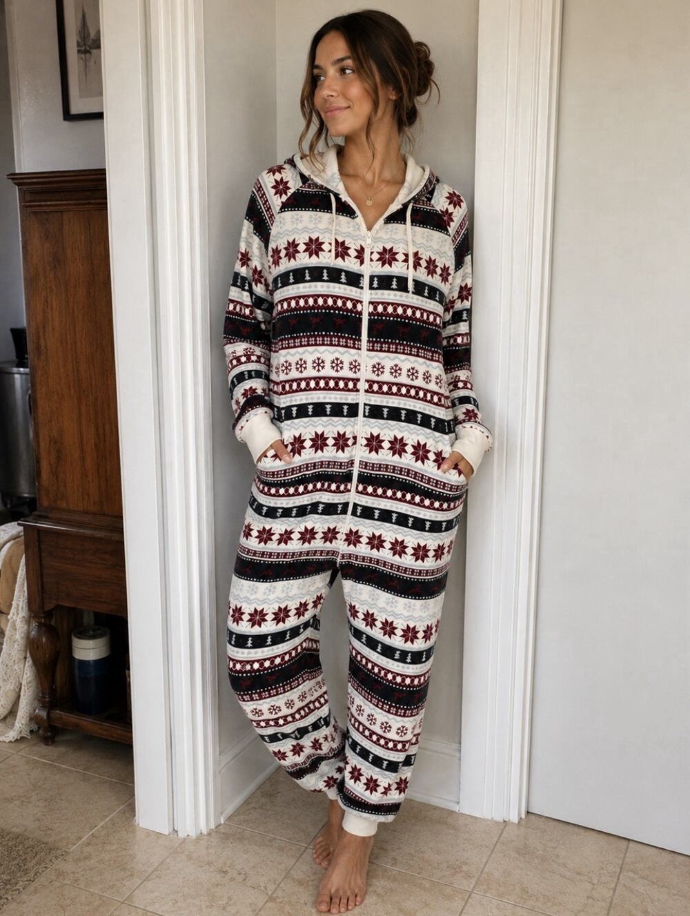 Fabletics Christmas Printed Hooded Fleece Jumpsuit Sz L